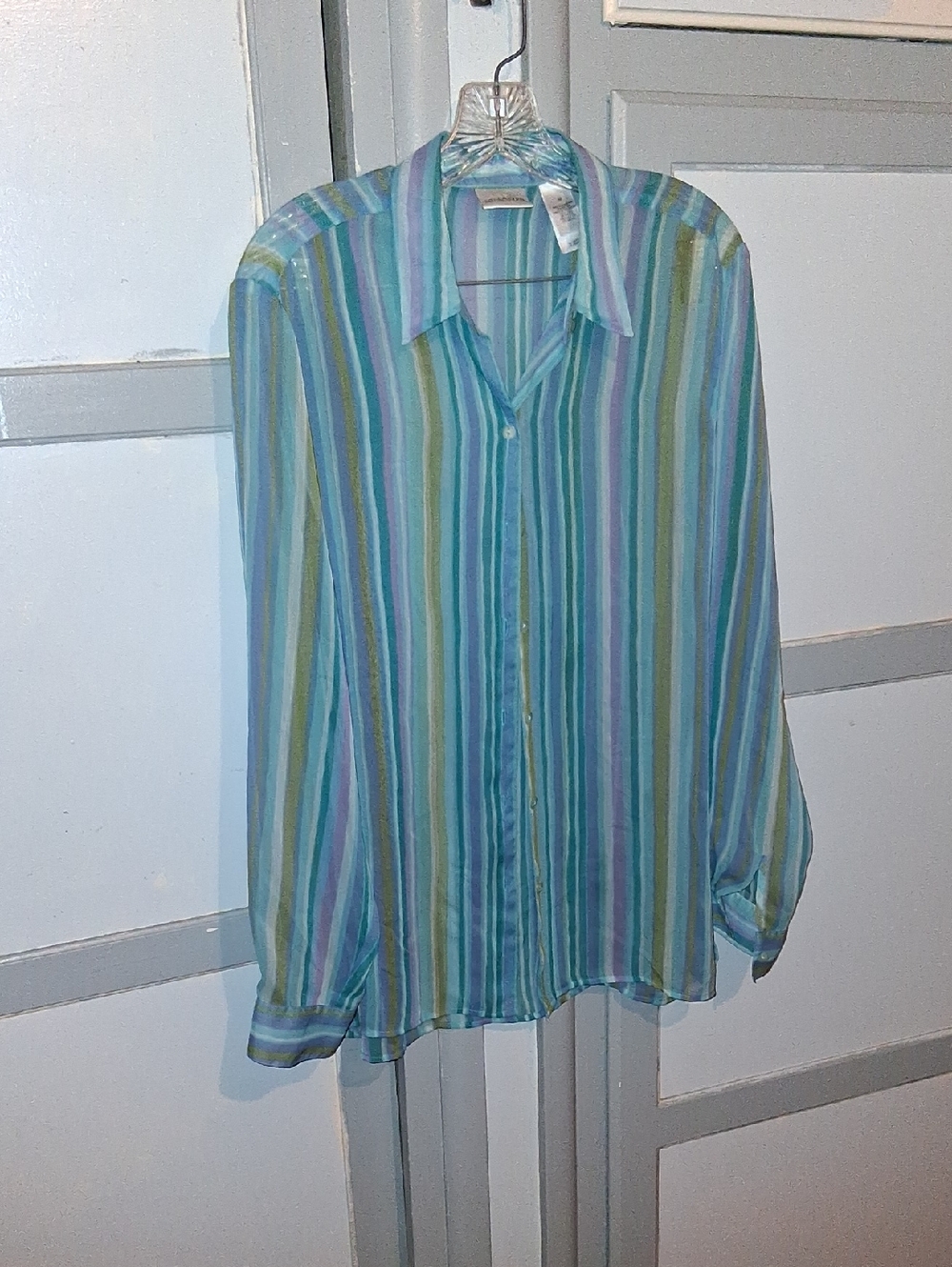 Villager Pastel Striped Sheer Button-Up in Aqua, Mint & Lavender